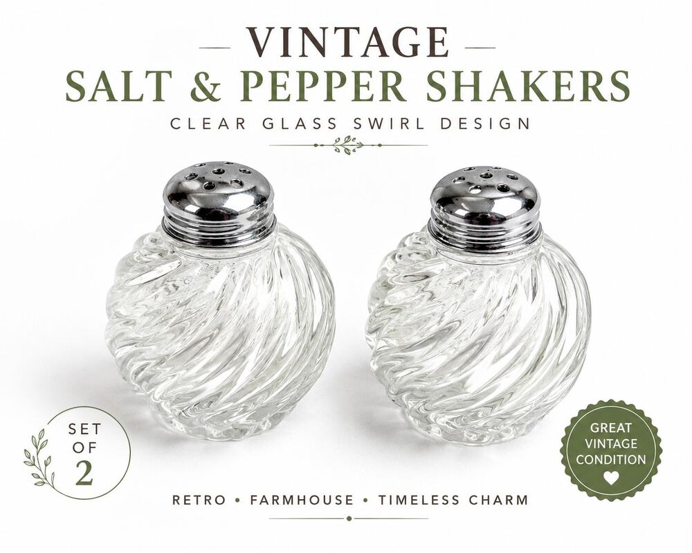 Vintage Clear Glass Swirl Salt Pepper Shakers Set Chrome Lids Retro Kitchen